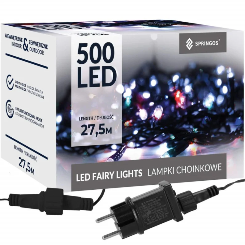 Ziemassvētku LED virtene Springos CL0545 (500 LED), 27.5 m, daudzkrāsu (Multicolor) ar auksti baltu FLASH zibšņu efektu, IP44, CL0545