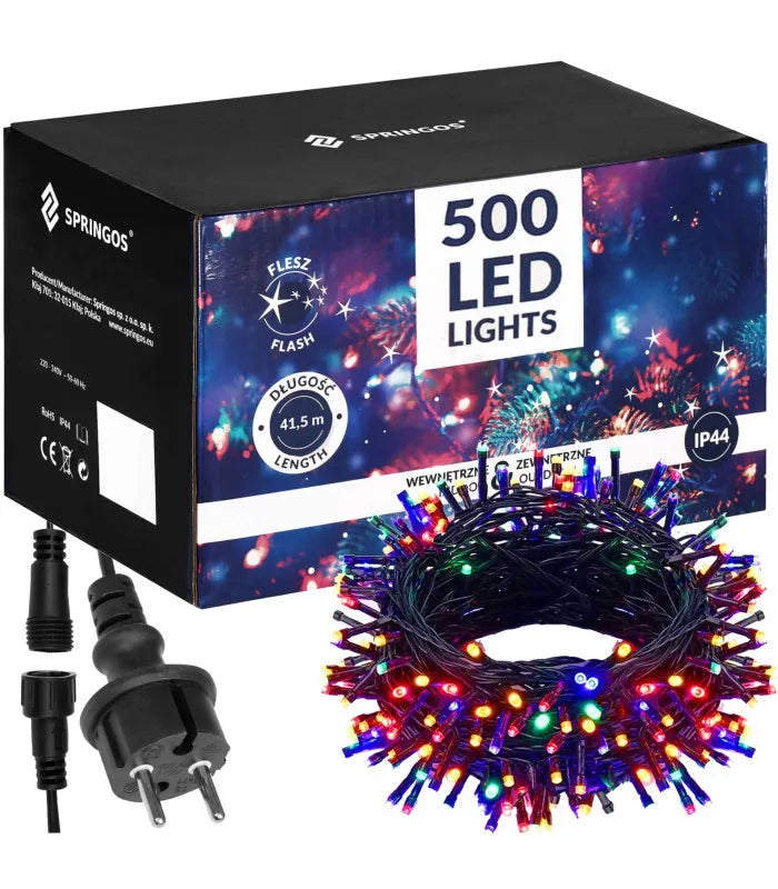 Ziemassvētku LED virtene Springos CL0539 (500 LED), 41,5 m, daudzkrāsu (Multicolor) ar auksti baltu FLASH zibšņu efektu, CL0539