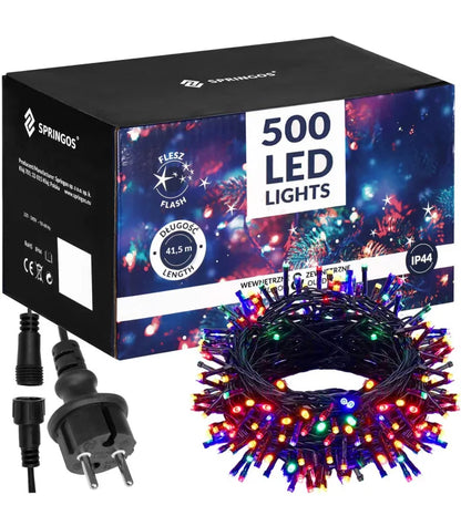 Ziemassvētku LED virtene Springos CL0539 (500 LED), 41,5 m, daudzkrāsu (Multicolor) ar auksti baltu FLASH zibšņu efektu, CL0539