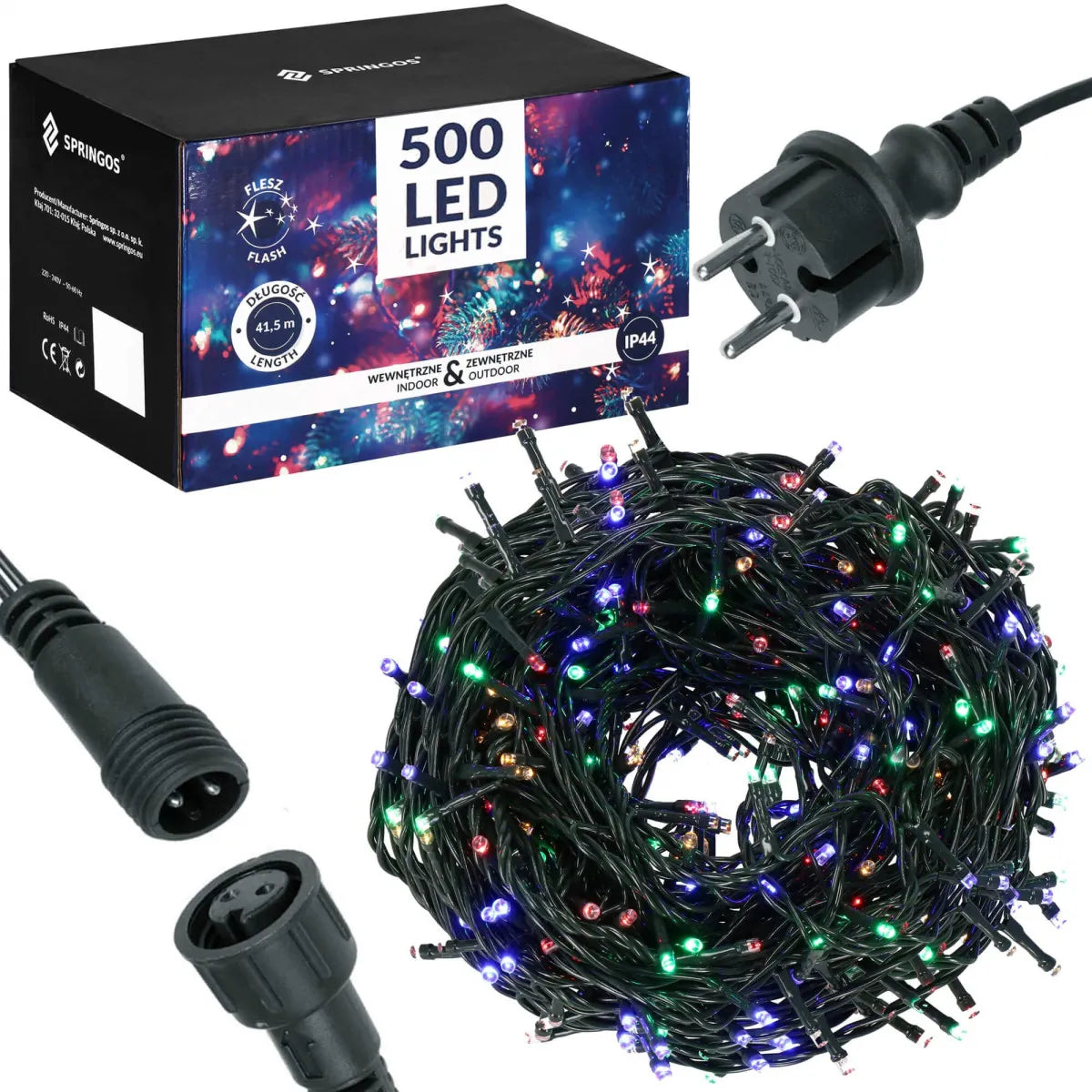 Ziemassvētku LED virtene Springos CL0539 (500 LED), 41,5 m, daudzkrāsu (Multicolor) ar auksti baltu FLASH zibšņu efektu, CL0539