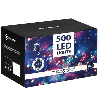 Ziemassvētku LED virtene Springos CL0539 (500 LED), 41,5 m, daudzkrāsu (Multicolor) ar auksti baltu FLASH zibšņu efektu, CL0539