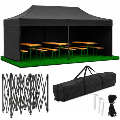 Large Pop-Up Garden Gazebo Event Tent Springos GP0008, 3 × 6 m, Black, with Sidewalls Set & Carry Bag