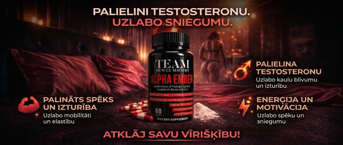 A bottle of TEAM Alpha Ember dietary supplement centered on a dark, smoky promotional background with red pills scattered around it. Large text in Latvian promotes testosterone benefits, and the product label shows TEAM and Alpha Ember branding.