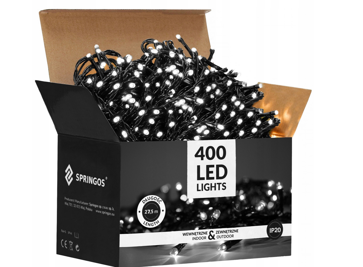 Ziemassvētku LED virtene Springos CL0402 (400 LED), 27,5 m, auksti balta, 8 režīmi