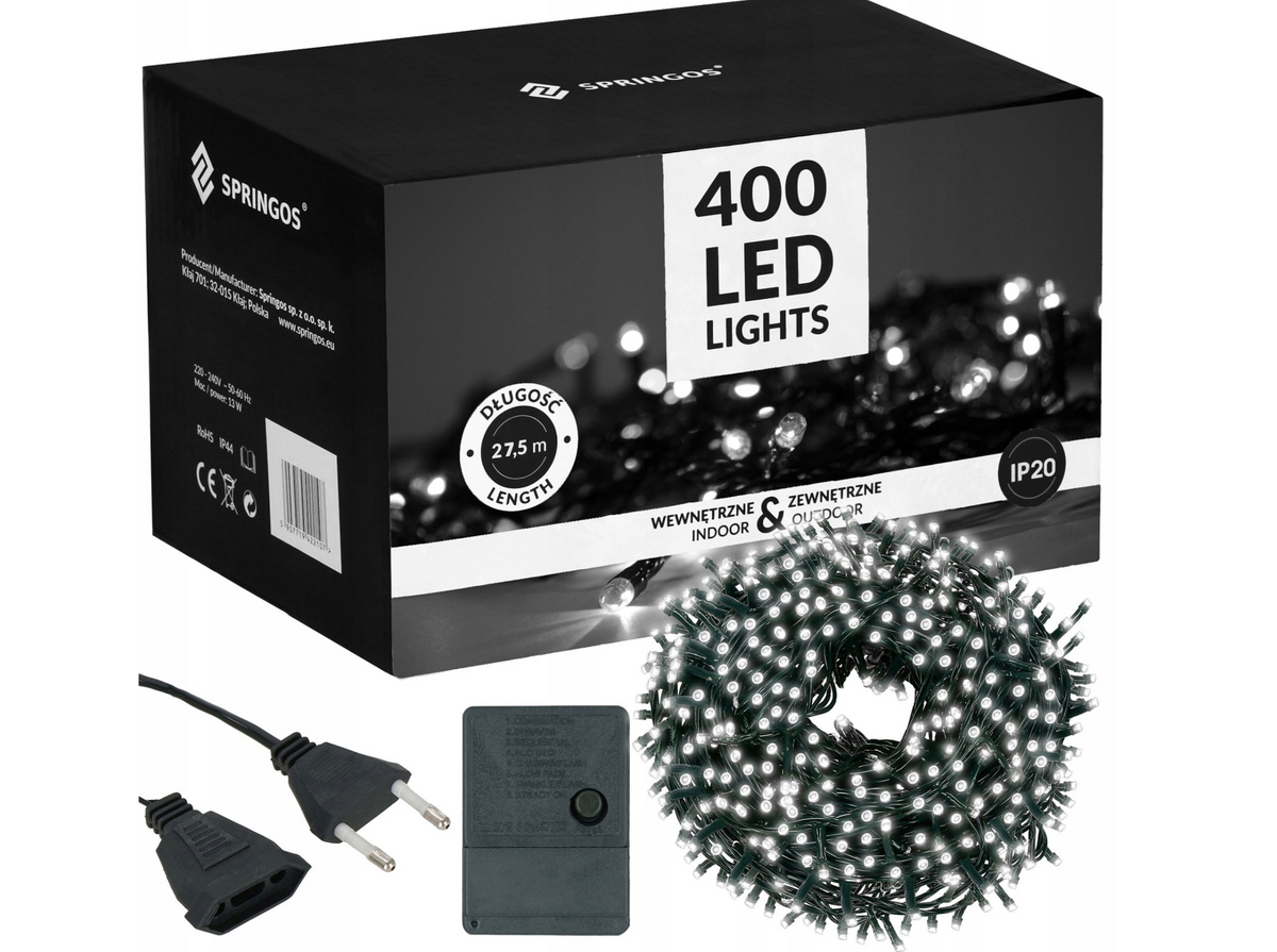 Ziemassvētku LED virtene Springos CL0402 (400 LED), 27,5 m, auksti balta, 8 režīmi