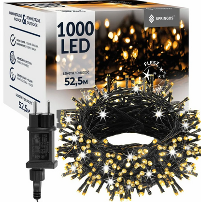 Ziemassvētku LED virtene Springos CL4096 (1000 LED), 52.5 m, silti balta ar auksti baltu FLASH zibšņu efektu, CL4096