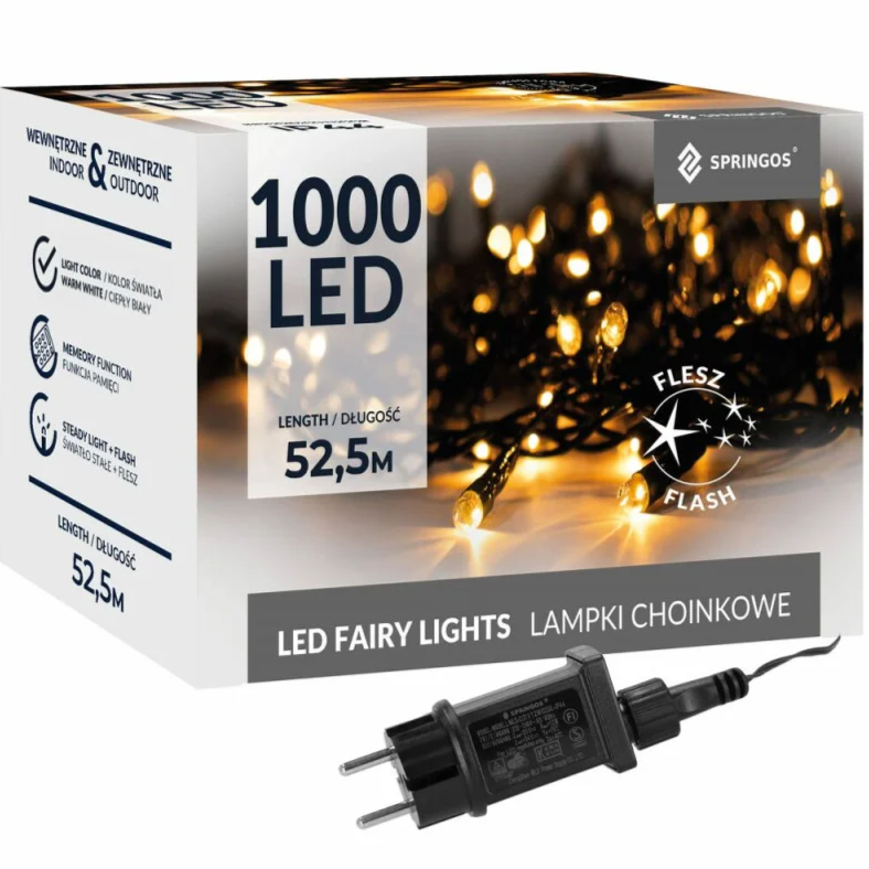 Ziemassvētku LED virtene Springos CL4096 (1000 LED), 52.5 m, silti balta ar auksti baltu FLASH zibšņu efektu, CL4096