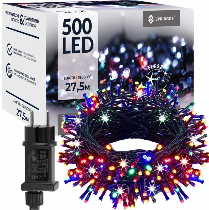 Ziemassvētku LED virtene Springos CL0545 (500 LED), 27.5 m, daudzkrāsu (Multicolor) ar auksti baltu FLASH zibšņu efektu, IP44, CL0545