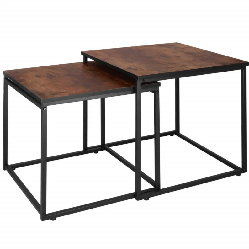 Set of 2 Coffee Tables Springos Nesto HF0024, Loft Style, Black Metal Frame Brown & Wood Finish, HF0024