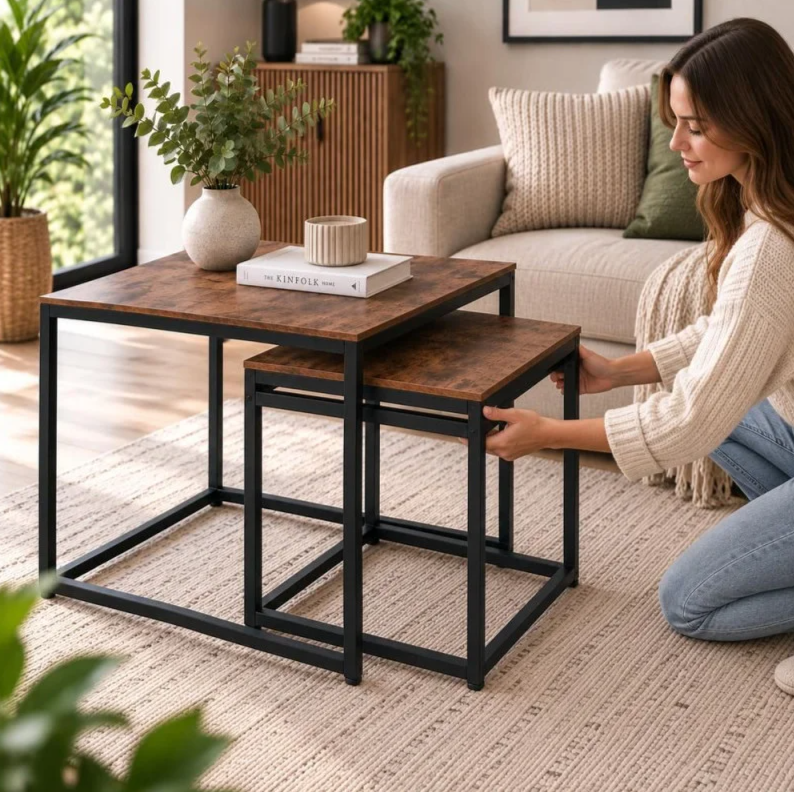 Set of 2 Coffee Tables Springos Nesto HF0024, Loft Style, Black Metal Frame Brown & Wood Finish, HF0024