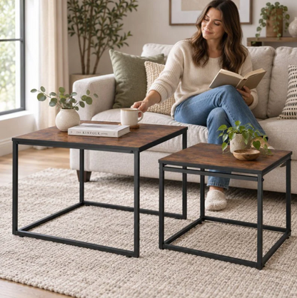 Set of 2 Coffee Tables Springos Nesto HF0024, Loft Style, Black Metal Frame Brown & Wood Finish, HF0024