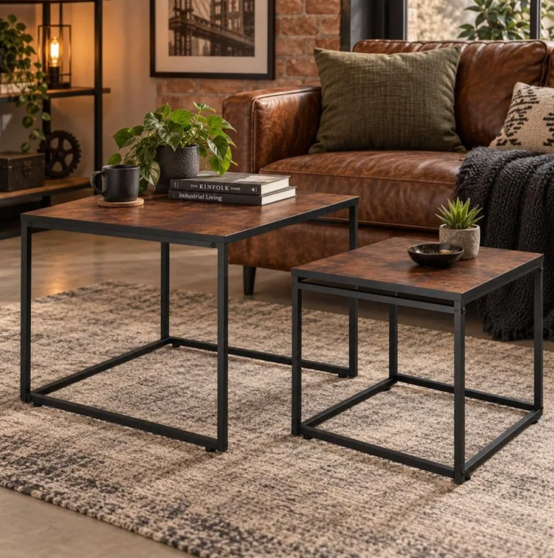Set of 2 Coffee Tables Springos Nesto HF0024, Loft Style, Black Metal Frame Brown & Wood Finish, HF0024
