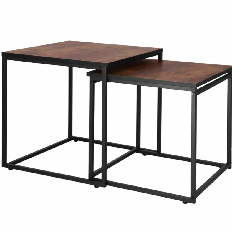Set of 2 Coffee Tables Springos Nesto HF0024, Loft Style, Black Metal Frame Brown & Wood Finish, HF0024