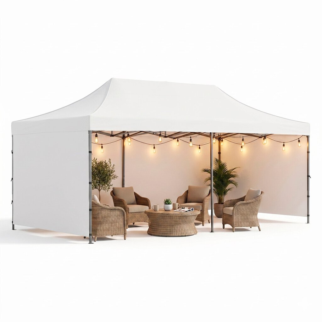 Liela saliekamā dārza nojume / pasākumu telts Springos, 3×6 m, balta, ar sānu sienām, GP0006