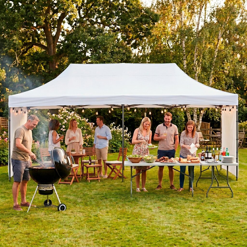 Liela saliekamā dārza nojume / pasākumu telts Springos, 3×6 m, balta, ar sānu sienām, GP0006