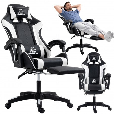 Spēļu krēsls EC Gaming, 51 x 53 x 125 - 133 cm, melna krās/balta krās.
