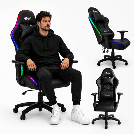 Gaming datorkrēsls ar RGB apgaismojumu, masāžas funkciju, melns