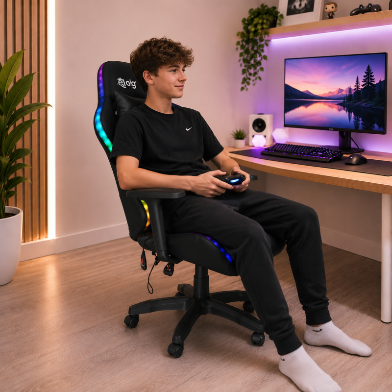 Gaming datorkrēsls ar RGB apgaismojumu, masāžas funkciju, melns