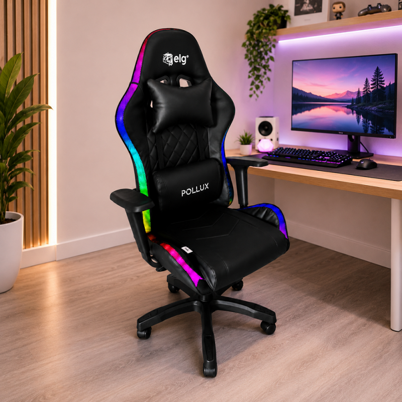 Gaming datorkrēsls ar RGB apgaismojumu, masāžas funkciju, melns