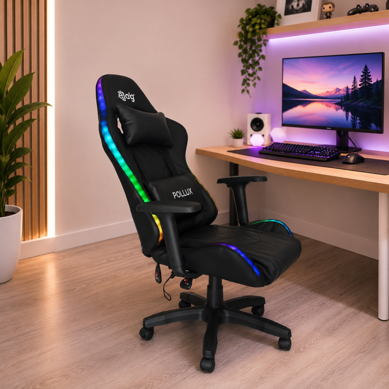 Gaming datorkrēsls ar RGB apgaismojumu, masāžas funkciju, melns