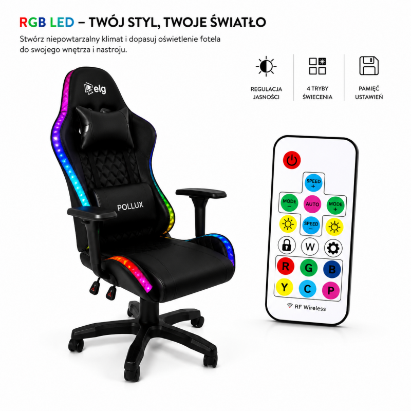 Gaming datorkrēsls ar RGB apgaismojumu, masāžas funkciju, melns