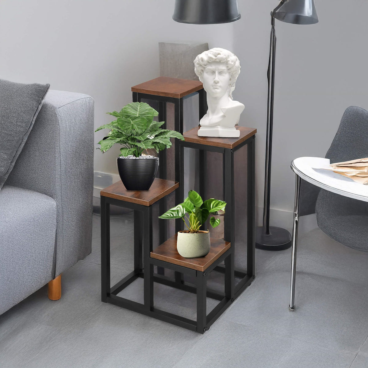 Daudzlīmeņu puķu statīvs Springos GA0209 Loft stilā (4 plaukti), melns/tumši brūns