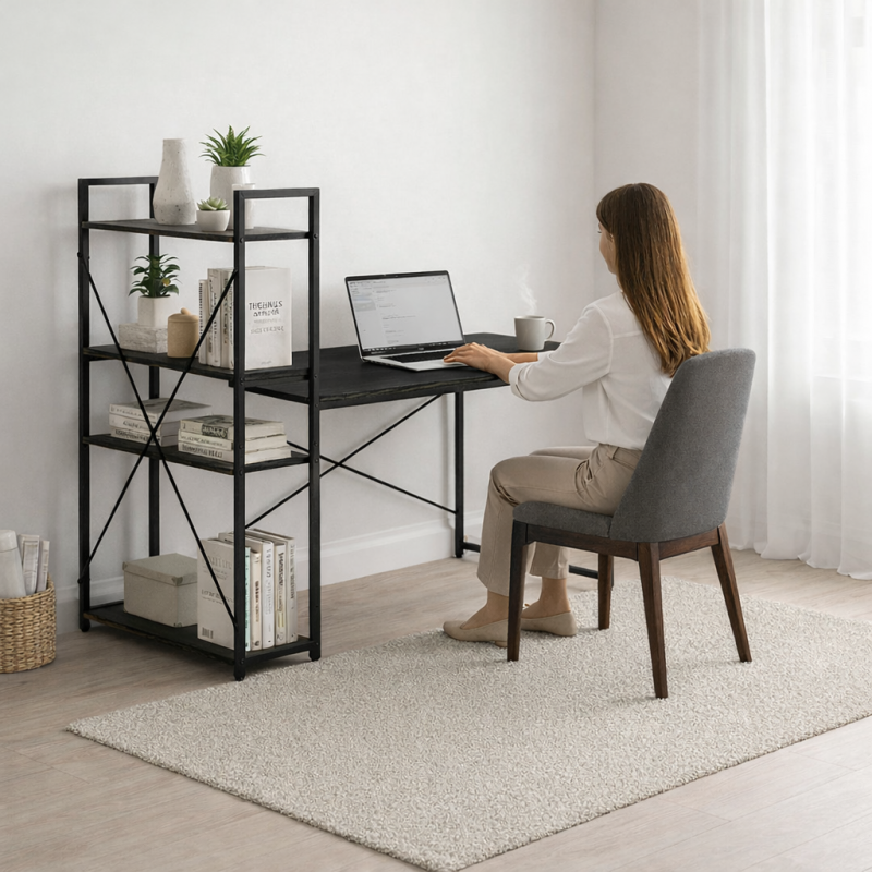LOFT stila rakstāmgalds ar plauktu 120 × 60 cm, melns