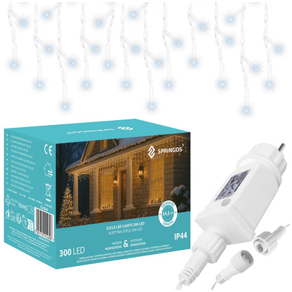 Gaismas aizkars / Lāstekas Springos 300 LED ar pulti, 14.5 m, auksti balta gaisma, IP44