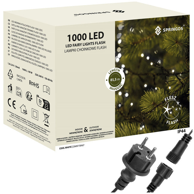 Ziemassvētku LED virtene Springos CL1007 (1000 LED), 81,5 m, auksti balta ar ziliem FLASH zibšņiem, 23W, CL1007