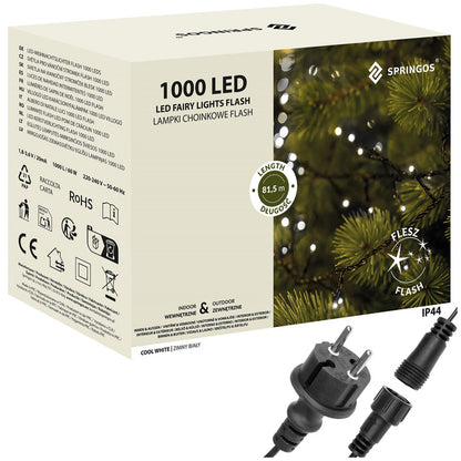 Ziemassvētku LED virtene Springos CL1007 (1000 LED), 81,5 m, auksti balta ar ziliem FLASH zibšņiem, 23W, CL1007