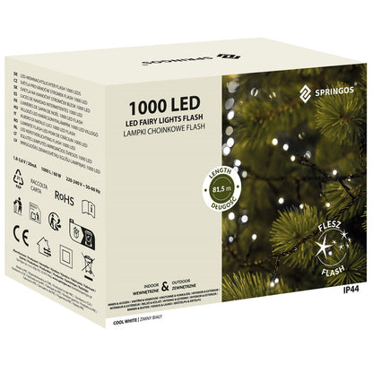 Ziemassvētku LED virtene Springos CL1007 (1000 LED), 81,5 m, auksti balta ar ziliem FLASH zibšņiem, 23W, CL1007