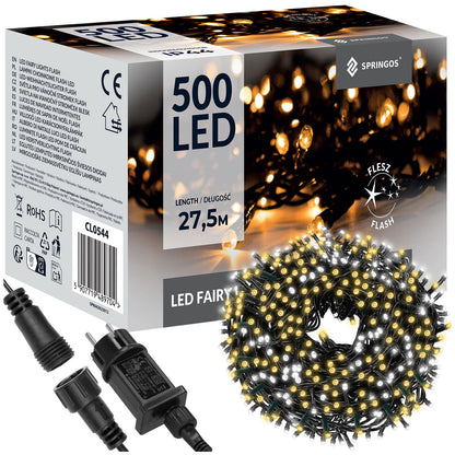 Ziemassvētku LED virtene Springos CL0544 (500 LED), 27,5 m, silti balta ar auksti baltu FLASH efektu