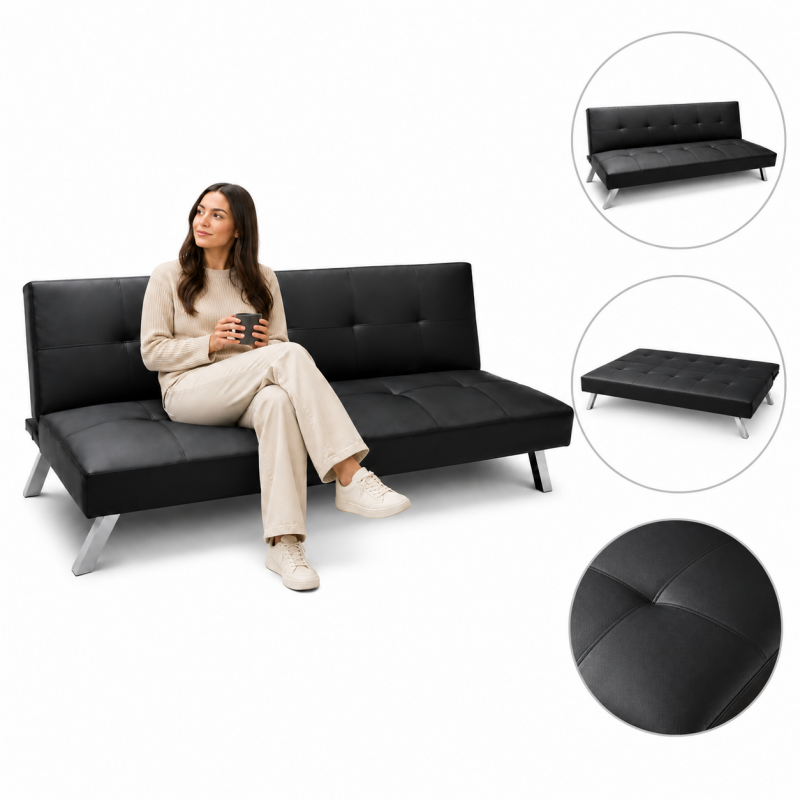 Izvelkams dīvāns FLEX SOF04CZ – Melna mākslīgā āda (167 cm)