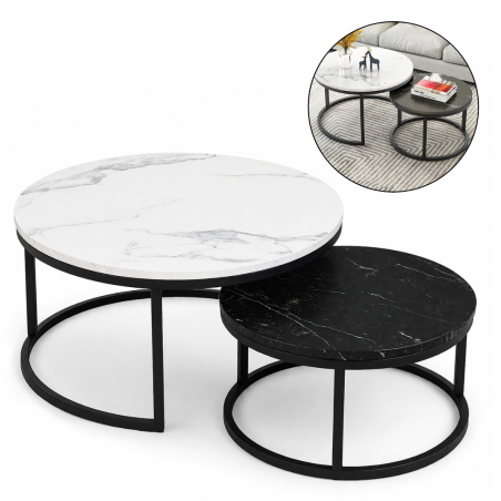 2-in-1 Nesting Coffee Table Set – White & Black Marble Effect