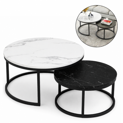 2-in-1 Nesting Coffee Table Set – White & Black Marble Effect