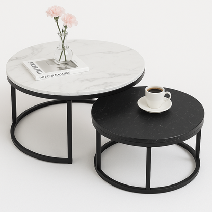 2-in-1 Nesting Coffee Table Set – White & Black Marble Effect