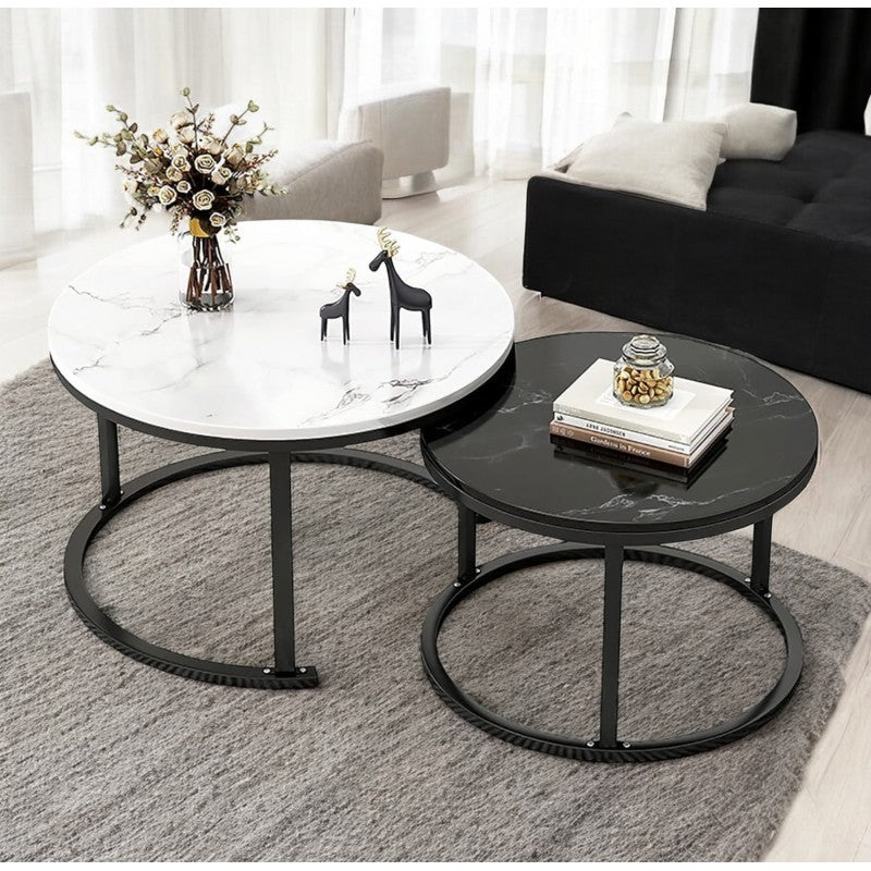2-in-1 Nesting Coffee Table Set – White & Black Marble Effect